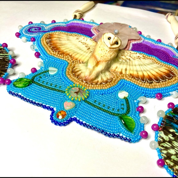 Beaded Beadwork Owl Necklace Earrings jewelry Set Opal Gemstone Bead Embroidery - Picture 10 of 10